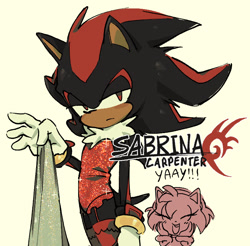 Size: 768x756 | Tagged: safe, artist:shadilver4ever, amy rose, shadow the hedgehog, 2025, chest fluff, duo, eyes closed, female, frown, garter, grey background, holding something, lidded eyes, male, sabrina carpenter, shadow's logo, simple background, smile, solo focus, sparkles, standing, stockings