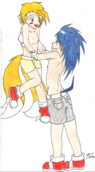 Size: 874x1589 | Tagged: safe, artist:andi-chan, artist:deannie, miles "tails" prower, sonic the hedgehog, human, 2008, age difference, carrying them, clothes, duo, gay, humanized, lifting them, looking at each other, partially humanized, shipping, shorts, smile, sonic x tails, species swap, standing, topless, traditional media