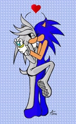 Size: 1760x2860 | Tagged: safe, artist:sanguinary12377, silver the hedgehog, sonic the hedgehog, 2008, barefoot, duo, eyes closed, flat colors, gay, heart, holding them, kiss, male, shipping, signature, silver, silver x sonic, sonic, standing