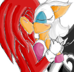 Size: 1356x1324 | Tagged: safe, artist:toxic-tooth-paste, knuckles the echidna, rouge the bat, 2008, blushing, duo, eyelashes, eyes closed, female, holding them, kiss, knuxouge, male, shipping, simple background, sketch, standing, straight, white background