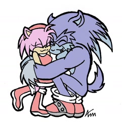 Size: 1670x1735 | Tagged: safe, artist:sanguinary12377, amy rose, sonic the hedgehog, 2009, age difference, amy x sonic, duo, eyelashes, eyes closed, female, flat colors, hugging, male, shipping, signature, simple background, smile, sonic the werehog, standing, straight, were form, werehog, white background