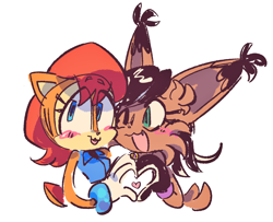 Size: 1414x1150 | Tagged: safe, artist:entertheflorpus, nicole the hololynx, sally acorn, 2018, blushing, bust, cute, duo, eye clipping through hair, eyebrow clipping through hair, eyelashes, female, heart, heart hands, lesbian, nicabetes, nicole x sally, sallabetes, shipping, simple background, smile, white background, wink