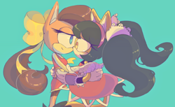 Size: 2290x1398 | Tagged: safe, artist:entertheflorpus, honey the cat, tiara boobowski, 2018, duo, female, holding each other, honey x tiara, lesbian, looking at each other, shipping, simple background, smile, standing, turquoise background