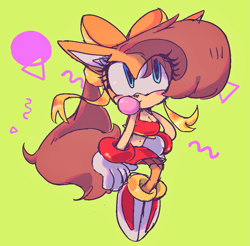 Size: 1001x983 | Tagged: safe, artist:entertheflorpus, tiara boobowski, 2019, blushing, bubble, bubblegum, cleavage, cute, eye clipping through hair, eyelashes, eyestrain, looking offscreen, simple background, sitting, solo, tiarabetes, yellow background