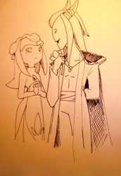 Size: 1000x1450 | Tagged: safe, artist:cheroy, galaxina the seedrian, seedrian, alternate outfit, black narcissus, female, greyscale, male, nerathiel