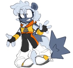Size: 663x620 | Tagged: safe, artist:ml_mailman, tangle the lemur, 2026, eye clipping through hair, eyelashes, flat colors, leg warmers, looking offscreen, simple background, smile, solo, standing, sweatdrop, white background, zip