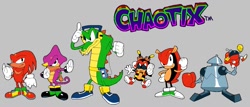 Size: 1179x505 | Tagged: safe, artist:rblxrat, bomb the robot, charmy bee, espio the chameleon, heavy the robot, knuckles the echidna, mighty the armadillo, vector the crocodile, knuckles chaotix, 2025, classic charmy, classic espio, classic knuckles, classic vector, green shoes, grey background, group, robot, simple background, standing, team chaotix