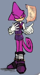 Size: 1020x1914 | Tagged: safe, artist:p1ctur33, espio the chameleon, the murder of sonic the hedgehog, 2025, eyes closed, grey background, mouth open, simple background, smile, solo, speech bubble, standing