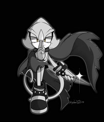 Size: 1707x2000 | Tagged: safe, artist:dianilapin, espio the chameleon, 2025, black background, blade, frown, greyscale, holding something, kunai knife, lidded eyes, looking at viewer, monochrome, outline, posing, scarf, shine, signature, simple background, solo, spot color, standing, weapon