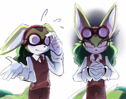 Size: 2048x1615 | Tagged: safe, artist:p1ctur33, megani the jackal, jackal, 2025, duality, eyewear on head, hands together, looking at viewer, simple background, smile, solo, white background
