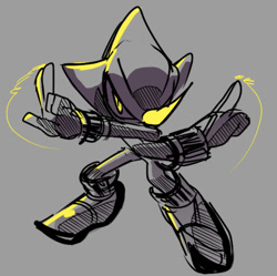 Size: 1198x1192 | Tagged: safe, artist:spacedawgspace, espio the chameleon, 2025, grey background, greyscale, looking at viewer, monochrome, posing, simple background, solo, spot color, standing