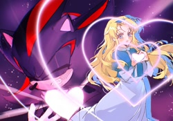 Size: 2388x1668 | Tagged: safe, artist:waaii132299, maria robotnik, shadow the hedgehog, human, 2025, blushing, duo, eyes closed, heart, heart hands, mouth open