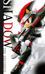 Size: 1244x2048 | Tagged: safe, artist:waaii132299, shadow the hedgehog, 2025, alternate outfit, alternate shoes, bandage, blood, character name, fully clothed, gun, holding something, injured, looking at viewer, pants, simple background, sitting, solo, weapon, white background