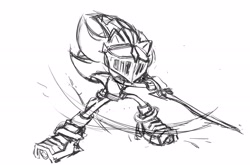 Size: 2048x1348 | Tagged: safe, artist:waaii132299, shadow the hedgehog, sonic and the black knight, 2025, armor, greyscale, holding something, monochrome, simple background, sir lancelot, sketch, solo, standing, sword, white background