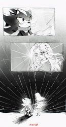Size: 1066x2048 | Tagged: safe, artist:waaii132299, shadow the hedgehog, 2024, blushing, comic, duo, greyscale, looking at each other, looking at them, monochrome, standing