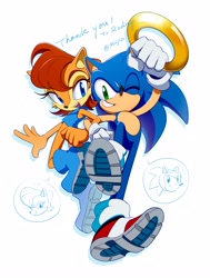 Size: 2080x2750 | Tagged: safe, artist:miijiu, sally acorn, sonic the hedgehog, chipmunk, hedgehog, duo, english text, female, holding ring, holding something, male, ring, sally x sonic, sally's vest and boots, shipping, speech bubble, straight
