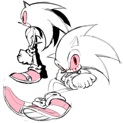 Size: 838x836 | Tagged: safe, artist:or__todd, sonic the hedgehog, oc, oc:sonic.exe, 2026, arms folded, bleeding from eyes, blood, blood on face, looking at viewer, monochrome, simple background, sitting, solo, standing, white background