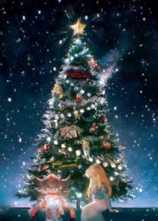 Size: 1460x2048 | Tagged: safe, artist:waaii132299, e-123 omega, maria robotnik, rouge the bat, shadow the hedgehog, sonic the hedgehog, human, 2024, character name, christmas, christmas tree, doom's eye, duo, english text, gun, holding something, lidded eyes, looking at them, maria x shadow, ring, scarf, shadow's logo, shipping, sitting, star (symbol), straight, team dark