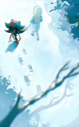 Size: 743x1200 | Tagged: safe, artist:waaii132299, maria robotnik, shadow the hedgehog, human, 2024, chromatic aberration, duo, from above, holding hands, maria x shadow, scarf, shipping, snow, standing, straight, walking, winter