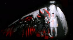 Size: 2048x1112 | Tagged: safe, artist:waaii132299, maria robotnik, shadow the hedgehog, human, sonic x shadow generations, 2024, angel, angel wings, black background, blood, doom shadow, duo, halo, holding hands, maria x shadow, monochrome, shipping, simple background, standing, straight, wings
