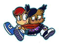 Size: 1024x768 | Tagged: safe, artist:halfway-to-insanity, nicole the hololynx, sally acorn, 2015, blushing, cute, duo, eye clipping through hair, eyelashes, lesbian, nicabetes, nicole x sally, outline, sallabetes, scarf, sharing a scarf, shipping, simple background, sitting, smile, transparent background