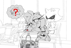 Size: 1024x692 | Tagged: safe, artist:waaii132299, amy rose, metal sonic, sonic the hedgehog, 2024, alternate outfit, amy x sonic, blushing, chair, classroom, desk, greyscale, lidded eyes, monochrome, robot, school, school uniform, schoolgirl outfit, shipping, shirt, sitting, skirt, straight, thought bubble, trio