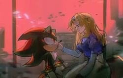 Size: 1658x1050 | Tagged: safe, artist:waaii132299, maria robotnik, shadow the hedgehog, human, 2024, duo, hand on another's face, looking at each other, looking at them, mouth open, smile