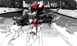 Size: 2048x1228 | Tagged: safe, artist:waaii132299, shadow the hedgehog, 2024, greyscale, monochrome, motorcycle, outdoors, solo, spot color