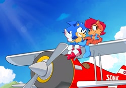 Size: 2048x1423 | Tagged: safe, artist:jadepesky, sally acorn, sonic the hedgehog, chipmunk, hedgehog, sonic mania, 2025, aircraft, biplane, classic sally, classic sonic, daytime, duo, female, male, sally x sonic, shipping, sitting, straight, talking, vehicle