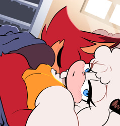 Size: 1900x2000 | Tagged: safe, artist:quaverdraws, gadget the wolf, lanolin the sheep, sheep, wolf, 2025, bed, bedroom, blanket, clothes, daytime, duo, female, gadget x lanolin, heart, looking at viewer, lying down, male, shipping, shirt, sleeping, straight