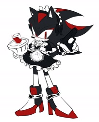 Size: 1818x2226 | Tagged: safe, artist:tamjeong_sonic, shadow the hedgehog, 2026, crossdressing, cup, dress, drink, gun, heart, holding something, maid outfit, monochrome, simple background, solo, standing, white background