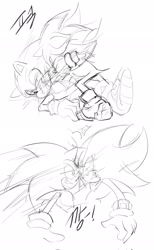 Size: 1264x2048 | Tagged: safe, artist:tamjeong_sonic, shadow the hedgehog, sonic the hedgehog, 2026, comic, duo, fight, greyscale, grin, korean text, looking at them, lying down, monochrome, punching, simple background, sketch, smile, white background