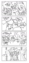 Size: 673x1434 | Tagged: safe, artist:tamjeong_sonic, amy rose, knuckles the echidna, miles "tails" prower, shadow the hedgehog, sonic the hedgehog, 2026, alternate outfit, blushing, comic, greyscale, group, korean text, looking at them, monochrome, mouth open, simple background, sketch, speech bubble, standing, white background
