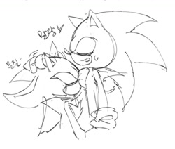 Size: 1317x1115 | Tagged: suggestive, artist:tamjeong_sonic, shadow the hedgehog, sonic the hedgehog, 2026, blushing, duo, eyes closed, gay, greyscale, hand on another's head, heart, korean text, monochrome, shadow x sonic, shipping, simple background, sketch, smile, standing, white background