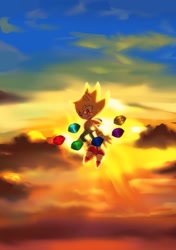 Size: 853x1210 | Tagged: safe, artist:tamjeong_sonic, sonic the hedgehog, super sonic, 2025, backlighting, chaos emerald, clouds, outdoors, solo, super form