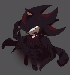 Size: 2040x2192 | Tagged: safe, artist:tamjeong_sonic, shadow the hedgehog, 2025, alternate gloves, fully clothed, grey background, jacket, lidded eyes, looking at viewer, mouth open, pants, simple background, solo, standing, suit, tongue out