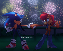 Size: 2338x1902 | Tagged: safe, sally acorn, sonic the hedgehog, chipmunk, hedgehog, 2024, dancing, duo, fireworks, flower, holding something, new years, sally x sonic, sally's vest and boots, shipping, straight