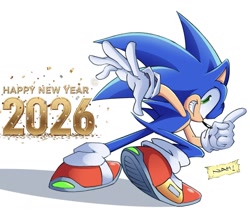 Size: 1718x1445 | Tagged: safe, artist:nickhx, sonic the hedgehog, 2026, confetti, english text, happy new year, new years, posing, running, shadow (lighting), simple background, smile, smiling at viewer, solo, text, white background