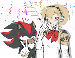 Size: 3256x2528 | Tagged: safe, artist:chaozz, shadow the hedgehog, 2026, aigis (persona), confetti, crossover, duo, persona (series), robot, simple background, v sign, white background