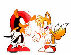 Size: 1766x1356 | Tagged: safe, artist:cherikyuari, artist:laphita, editor:laphita, mighty the armadillo, miles "tails" prower, 2021, color edit, duo, edit, looking at each other, mouth open, simple background, smile, standing, talking, white background