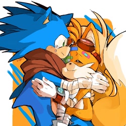Size: 768x768 | Tagged: safe, artist:coffie-76, miles "tails" prower, sonic the hedgehog, 2017, bandage, bandaid, crying, duo, frown, happy, hugging, injured, sad, signature, smile, sonic boom (tv), tears