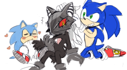 Size: 1000x552 | Tagged: safe, artist:fannfare, infinite the jackal, sonic the hedgehog, 2017, alternate hairstyle, biting, blushing, classic sonic, eyes closed, flat colors, hair up, heart, infinite's mask, kneeling, phantom ruby, ponytail, self paradox, simple background, sitting, smile, trio, white background