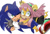 Size: 600x405 | Tagged: safe, artist:fannfare, mina mongoose, sonic the hedgehog, hedgehog, mongoose, 2017, amputee, disabled, duo, female, holding each other, looking at viewer, lying back, lying down, lying on them, male, mina x sonic, mouth open, open smile, prosthetic, shipping, simple background, smile, smiling at viewer, straight, white background, wink, winking at viewer
