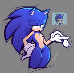 Size: 1886x1859 | Tagged: safe, artist:tsuukiyaki, sonic the hedgehog, 2025, chest fluff, grey background, hand on hip, lidded eyes, looking offscreen, mouth open, reference inset, sassy, signature, simple background, sketch, solo, standing
