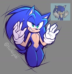 Size: 1651x1678 | Tagged: safe, artist:tsuukiyaki, sonic the hedgehog, 2025, chest fluff, grey background, hands up, lidded eyes, looking offscreen, redraw, reference inset, signature, simple background, sketch, smile, solo, standing, sweatdrop