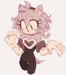 Size: 1014x1159 | Tagged: safe, artist:avearaxx_, amy rose, 2025, grey background, mouth open, outfit swap, rouge's heart top, simple background, solo, standing