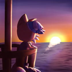 Size: 2048x2048 | Tagged: safe, artist:0vergrowngraveyard, miles "tails" prower, sails, sonic prime, 2024, from behind, looking offscreen, ocean, outdoors, signature, solo, sunset, water