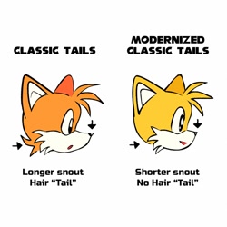 Size: 1100x1100 | Tagged: safe, artist:ngz0ne, miles "tails" prower, 2023, :o, arrow, classic tails, design comparison, duality, english text, flat colors, head only, mouth open, side view, smile, solo, text