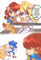 Size: 1410x2048 | Tagged: safe, artist:gummierat, bunnie rabbot, miles "tails" prower, sally acorn, fox, hedgehog, rabbit, 2025, bench, comic, dialogue, english text, female, male, outdoors, quartet, sally x sonic, sally's vest and boots, shipping, sitting, speech bubble, straight, table