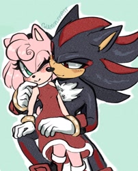 Size: 1658x2048 | Tagged: safe, artist:gummierat, amy rose, shadow the hedgehog, hedgehog, 2026, amy x shadow, blushing, duo, female, hand on cheek, male, shipping, simple background, straight